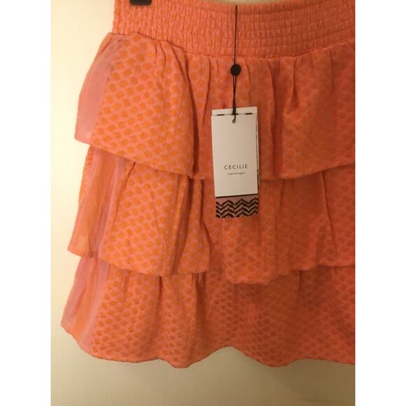Cecilie Copenhagen Peach Elastic Smocked Waist Tiered Cotton Mini Skirt NWT - Picture 6 of 8